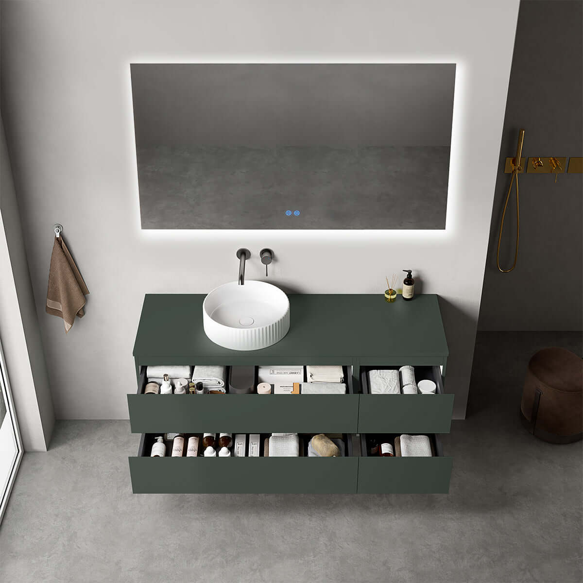 Mobile bagno sospeso reversibile 140 cm Verde Comodoro per Lavabo d'appoggio Specchio Quadro Retroilluminato - Fiji Paint