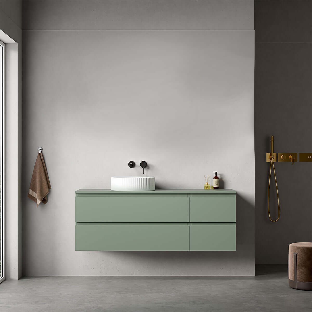 Mobile bagno sospeso reversibile 140 cm Verde Salvia per Lavabo d'appoggio Senza Specchio - Fiji Paint