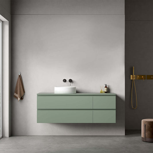 Mobile bagno sospeso reversibile verde salvia 140 cm con lavabo d'appoggio, design moderno e funzionalità.
