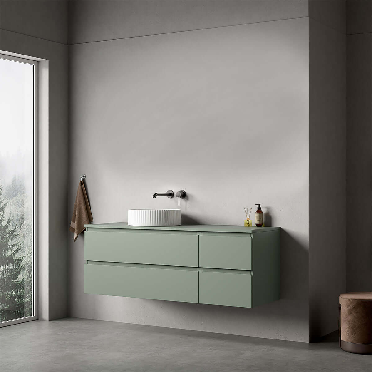 Mobile bagno sospeso reversibile 140 cm Verde Salvia per Lavabo d'appoggio Senza Specchio - Fiji Paint