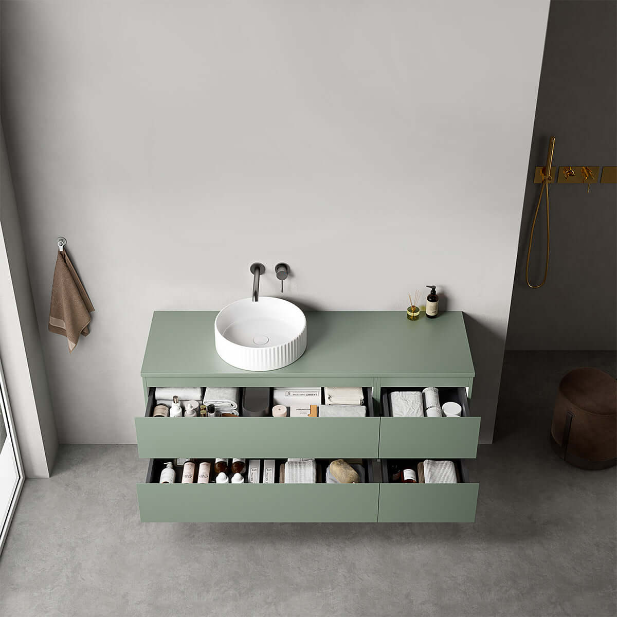 Mobile bagno sospeso reversibile 140 cm Verde Salvia per Lavabo d'appoggio Senza Specchio - Fiji Paint