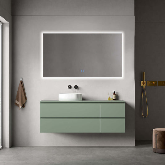 Mobile bagno sospeso verde salvia con lavabo d'appoggio e specchio retroilluminato, design moderno per il bagno.
