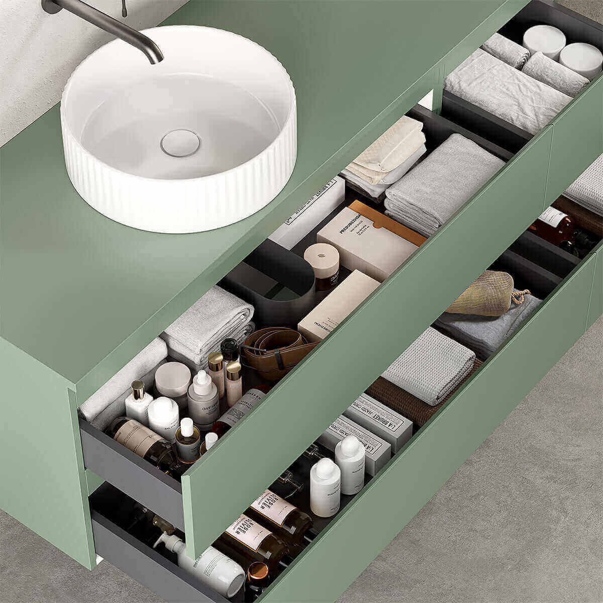 Mobile bagno sospeso reversibile 140 cm Verde Salvia per Lavabo d'appoggio Senza Specchio - Fiji Paint