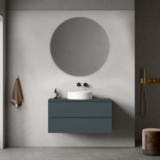 Mobile bagno sospeso Blu Mare con lavabo rotondo e specchio tondo, design moderno per un bagno elegante.