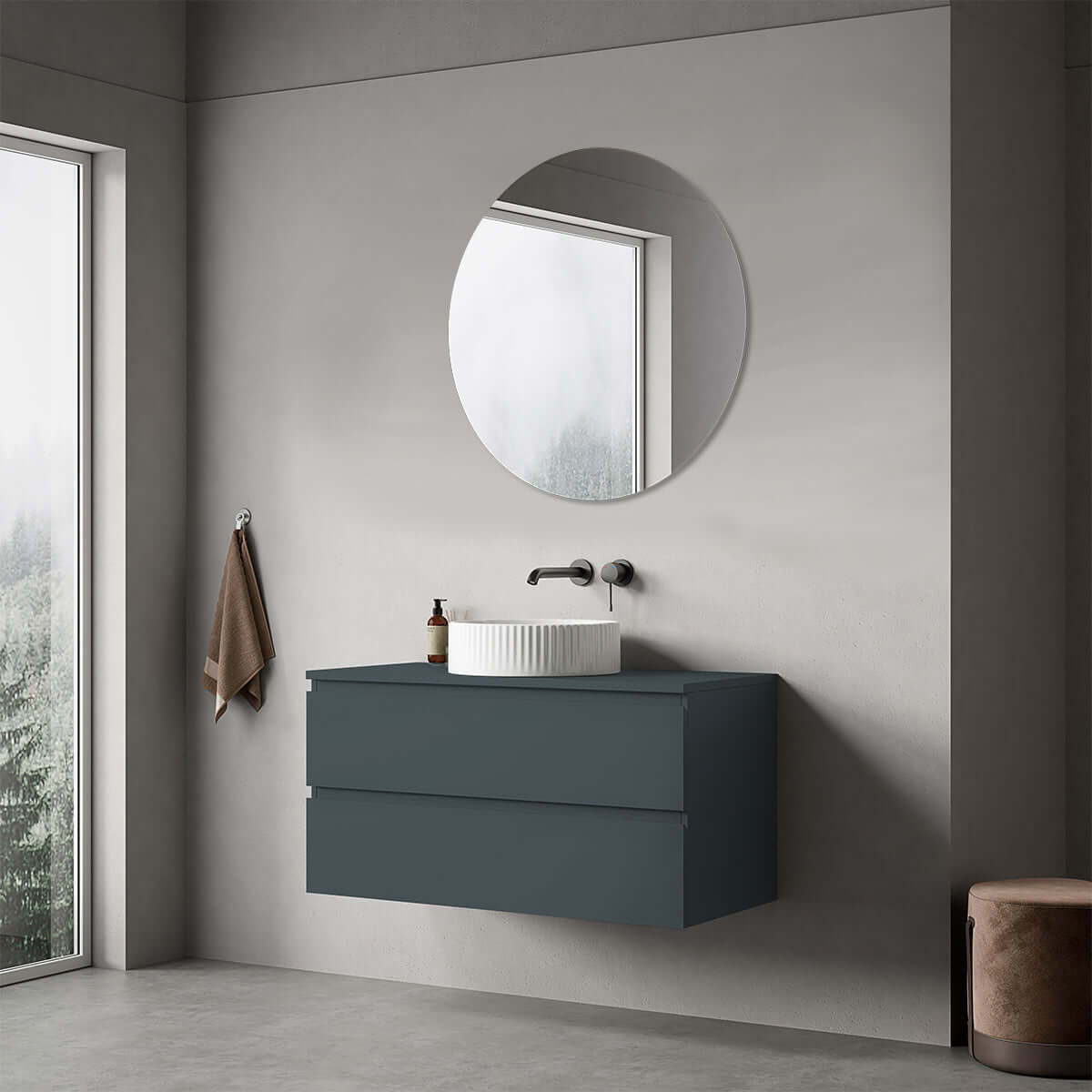 Mobile bagno sospeso 100 cm Blu Mare per Lavabo d'appoggio Specchio Tondo - Fiji Paint