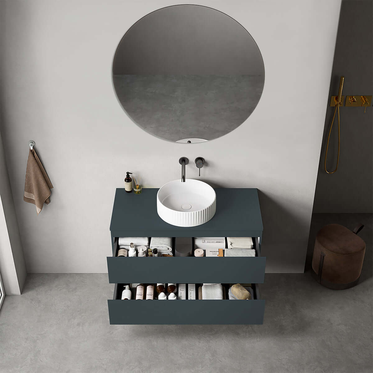 Mobile bagno sospeso 100 cm Blu Mare per Lavabo d'appoggio Specchio Tondo - Fiji Paint