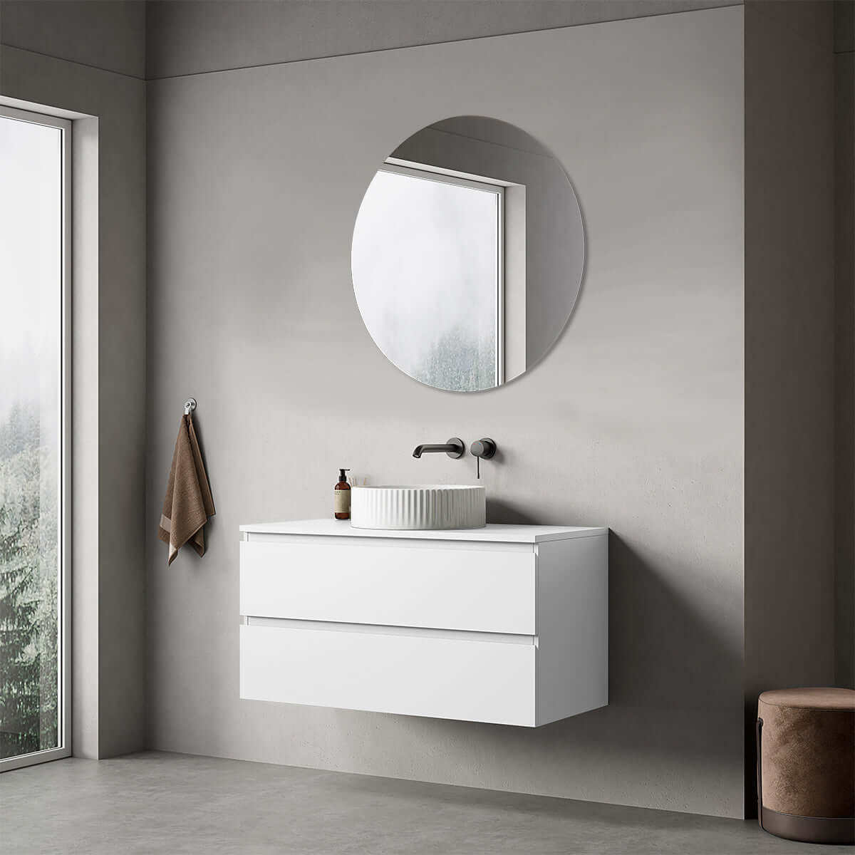 Mobile bagno sospeso 100 cm Bianco Opaco per Lavabo d'appoggio Specchio Tondo - Fiji Paint