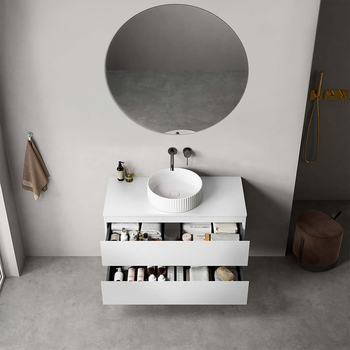 Mobile bagno sospeso 100 cm Bianco Opaco per Lavabo d'appoggio Specchio Tondo - Fiji Paint