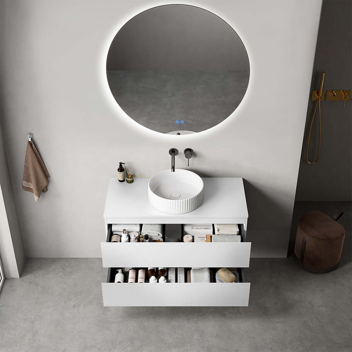 Mobile bagno sospeso 100 cm Bianco Opaco per Lavabo d'appoggio Specchio Tondo Retroilluminato - Fiji Paint