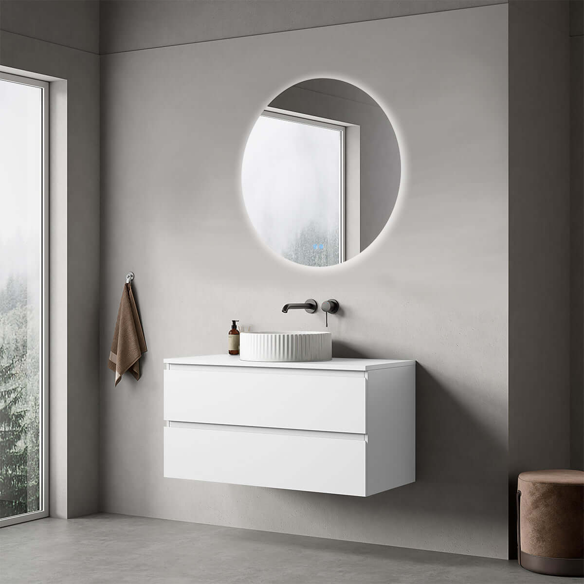 Mobile bagno sospeso 100 cm Bianco Opaco per Lavabo d'appoggio Specchio Tondo Retroilluminato - Fiji Paint
