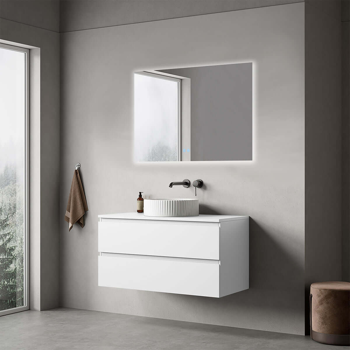Mobile bagno sospeso 100 cm Bianco Opaco per Lavabo d'appoggio Specchio Quadro Retroilluminato - Fiji Paint