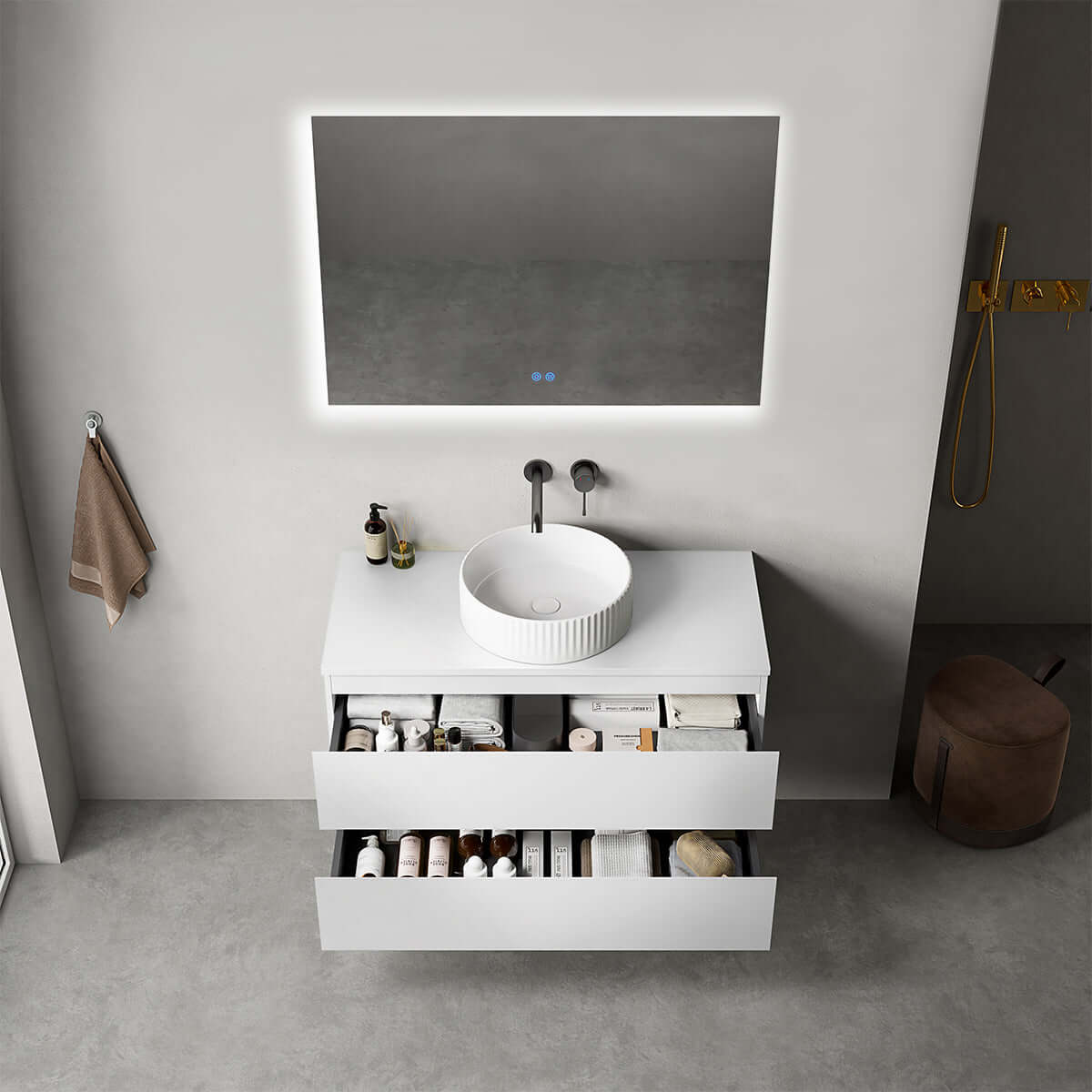 Mobile bagno sospeso 100 cm Bianco Opaco per Lavabo d'appoggio Specchio Quadro Retroilluminato - Fiji Paint