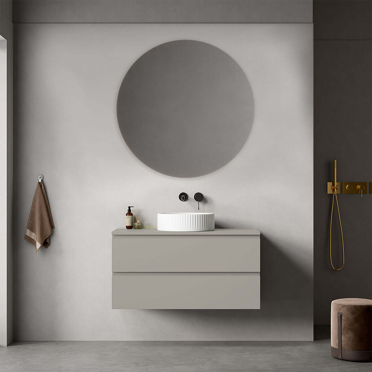 Mobile bagno sospeso 100 cm Grigio Cenere per Lavabo d'appoggio Specchio Tondo - Fiji Paint
