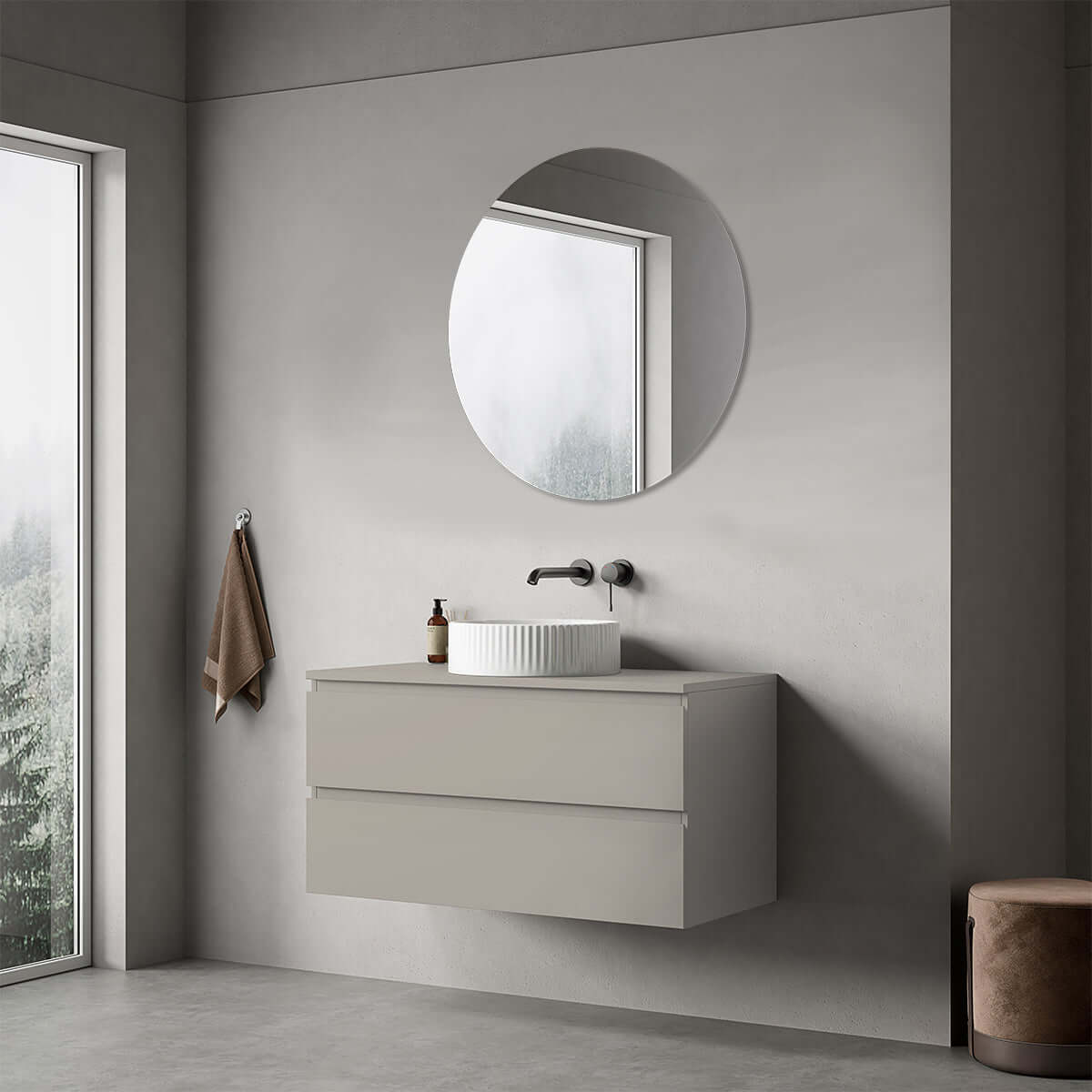 Mobile bagno sospeso 100 cm Grigio Cenere per Lavabo d'appoggio Specchio Tondo - Fiji Paint