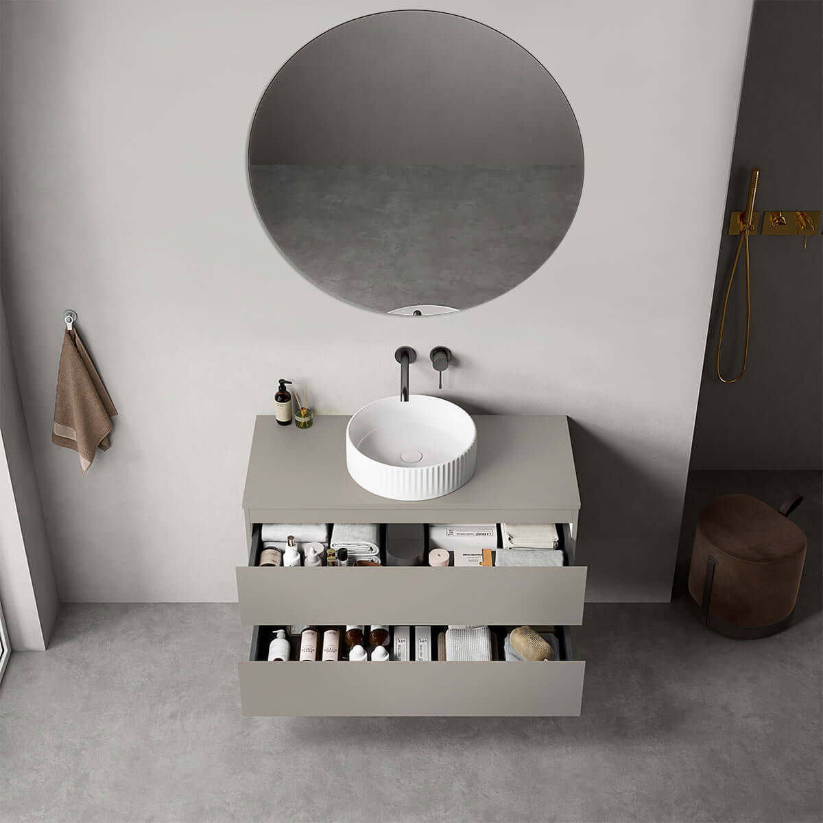 Mobile bagno sospeso 100 cm Grigio Cenere per Lavabo d'appoggio Specchio Tondo - Fiji Paint