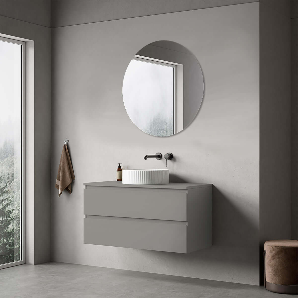 Mobile bagno sospeso 100 cm Grigio Londra per Lavabo d'appoggio Specchio Tondo - Fiji Paint