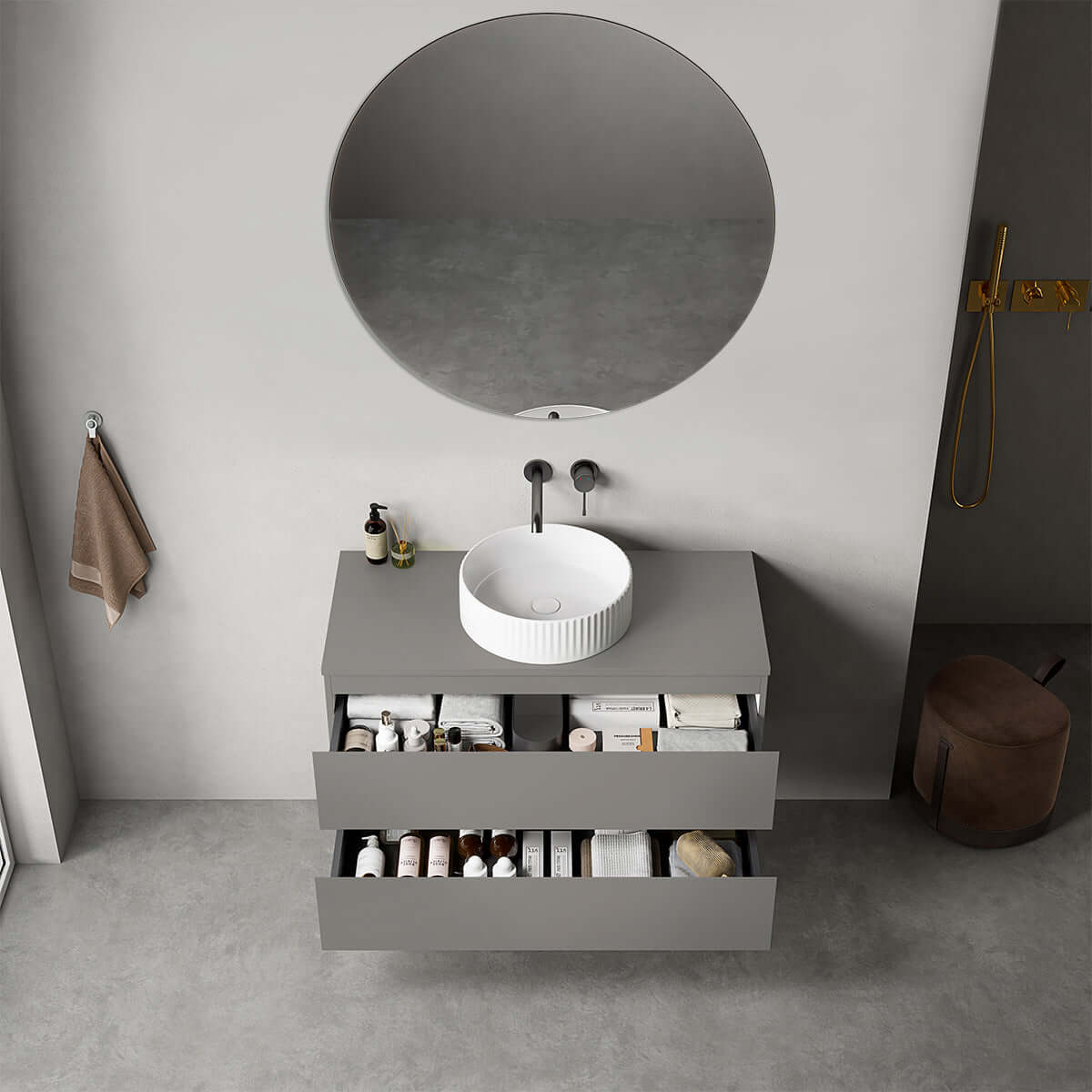 Mobile bagno sospeso 100 cm Grigio Londra per Lavabo d'appoggio Specchio Tondo - Fiji Paint