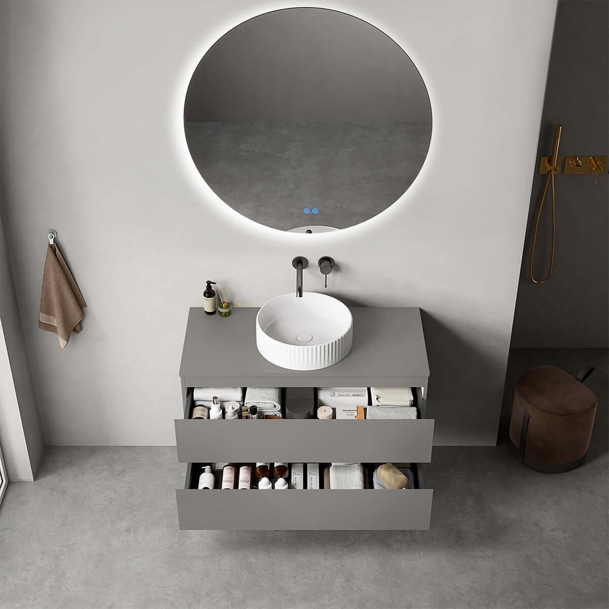 Mobile bagno sospeso 100 cm Grigio Londra per Lavabo d'appoggio Specchio Tondo Retroilluminato - Fiji Paint