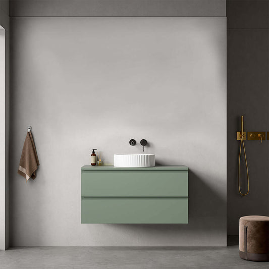 Mobile bagno sospeso 100 cm Verde Salvia con lavabo d'appoggio, design contemporaneo per arredare il bagno.