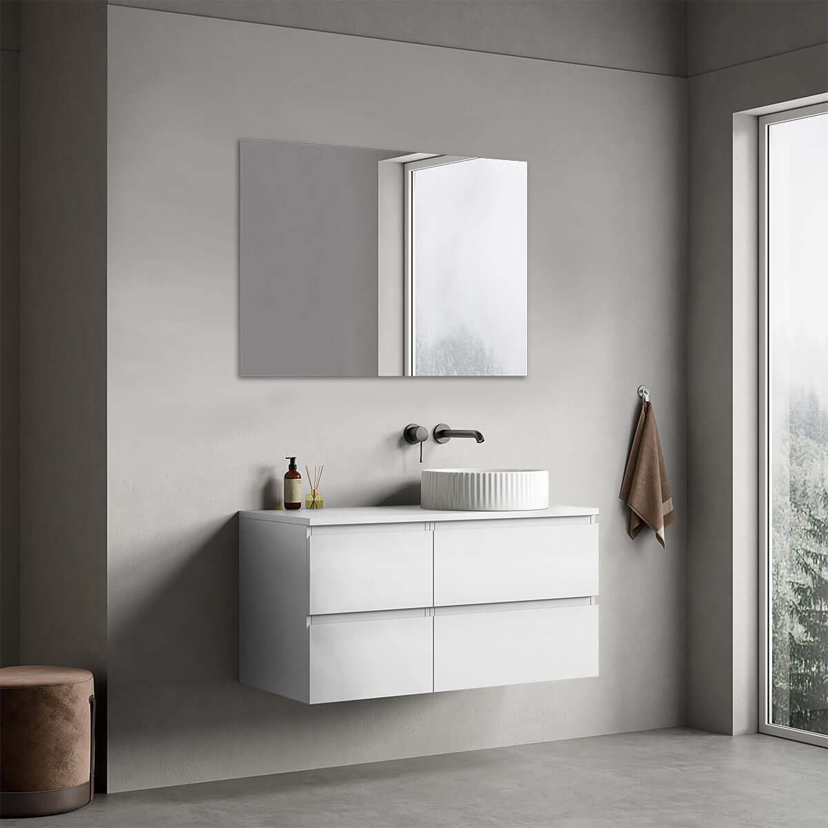 Mobile bagno sospeso reversibile 100 cm Bianco Opaco per Lavabo d'appoggio Specchio Quadro - Fiji Paint
