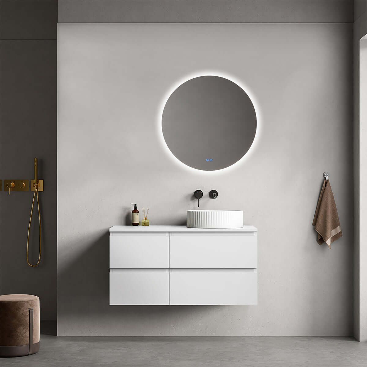 Mobile bagno sospeso reversibile 100 cm Bianco Opaco per Lavabo d'appoggio Specchio Tondo Retroilluminato - Fiji Paint