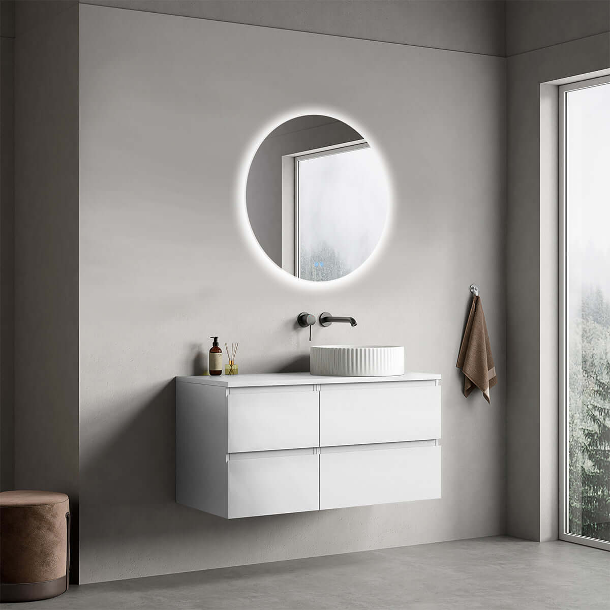 Mobile bagno sospeso reversibile 100 cm Bianco Opaco per Lavabo d'appoggio Specchio Tondo Retroilluminato - Fiji Paint