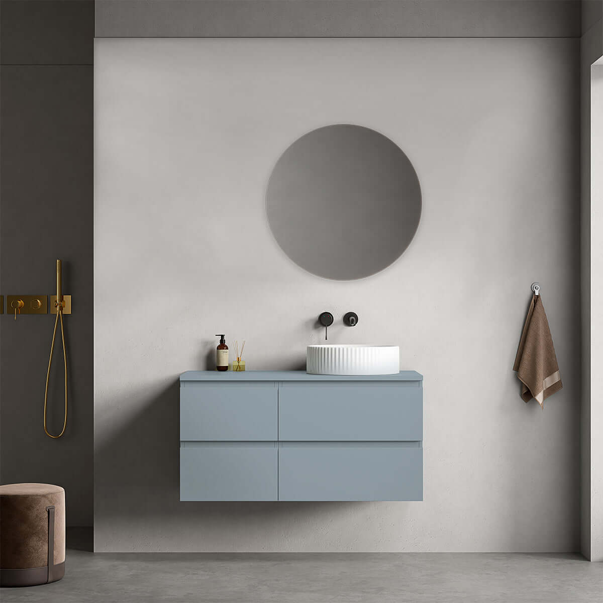Mobile bagno sospeso reversibile 100 cm Blu Avio per Lavabo d'appoggio Specchio Tondo - Fiji Paint