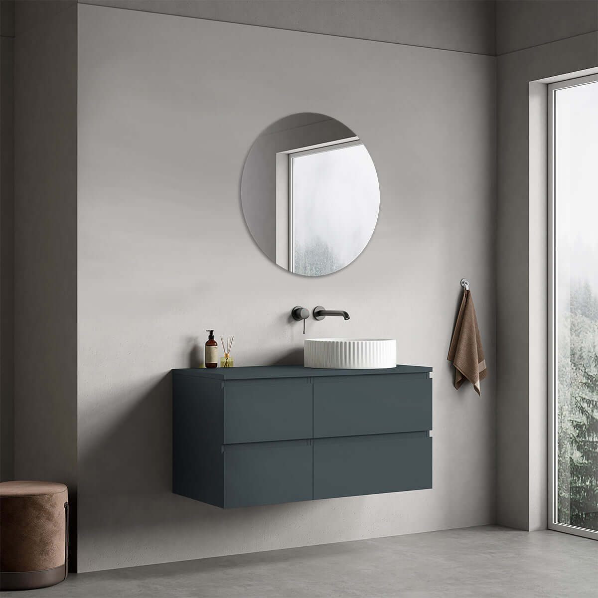 Mobile bagno sospeso reversibile 100 cm Blu Mare per Lavabo d'appoggio Specchio Tondo - Fiji Paint