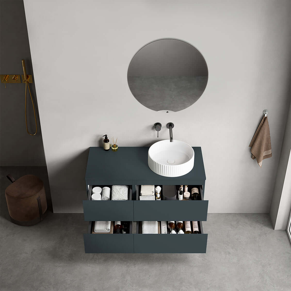 Mobile bagno sospeso reversibile 100 cm Blu Mare per Lavabo d'appoggio Specchio Tondo - Fiji Paint