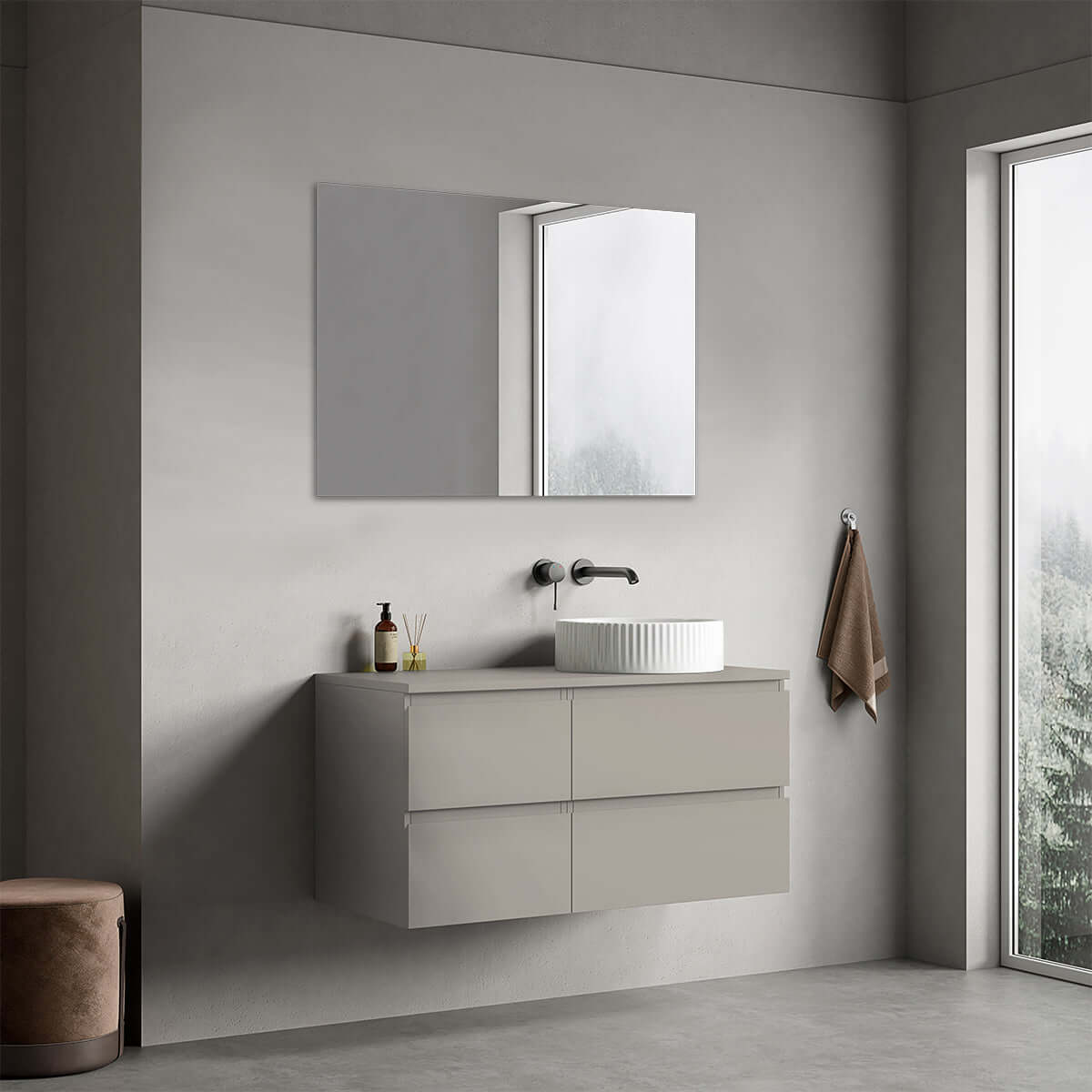 Mobile bagno sospeso reversibile 100 cm Grigio Cenere per Lavabo d'appoggio Specchio Quadro - Fiji Paint