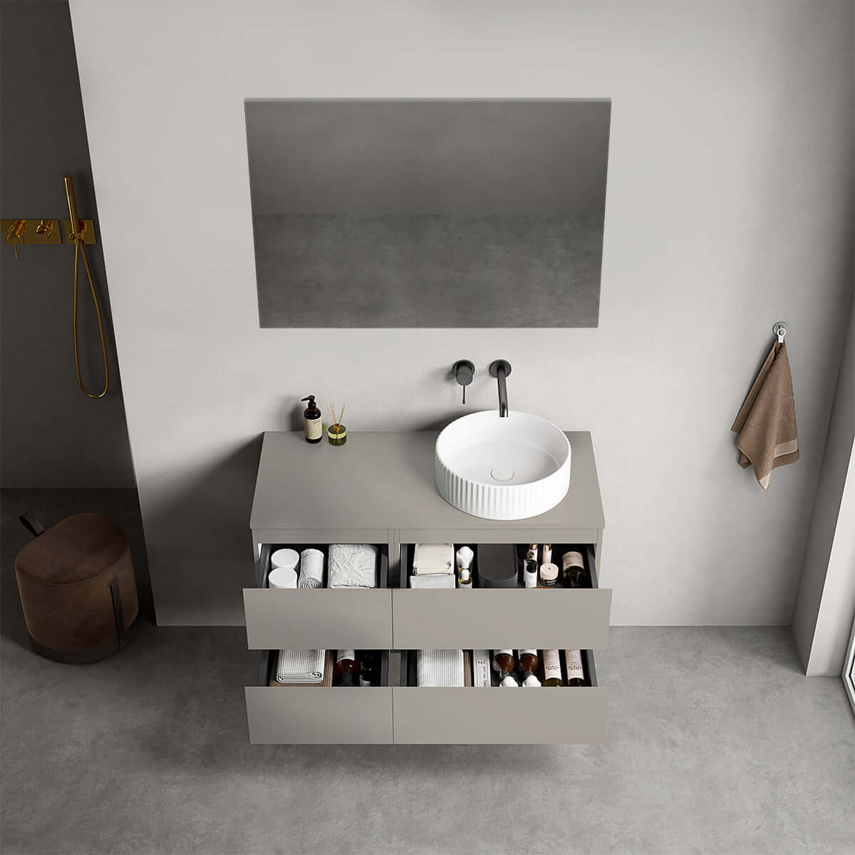 Mobile bagno sospeso reversibile 100 cm Grigio Cenere per Lavabo d'appoggio Specchio Quadro - Fiji Paint