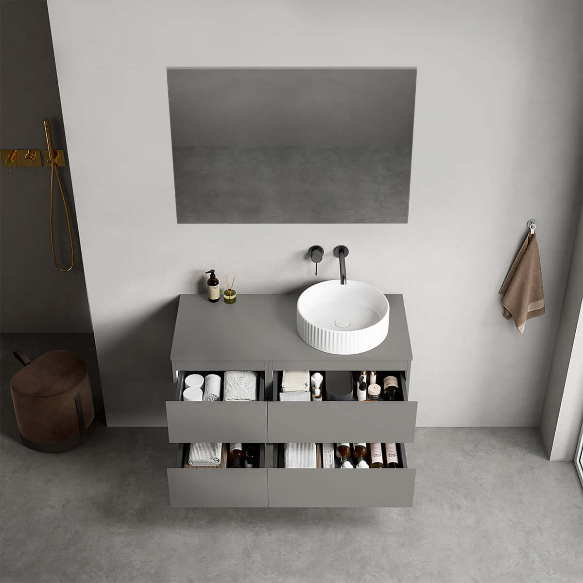 Mobile bagno sospeso reversibile 100 cm Grigio Londra per Lavabo d'appoggio Specchio Quadro - Fiji Paint