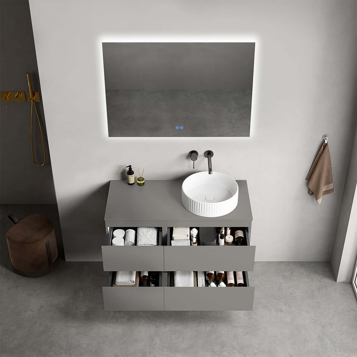 Mobile bagno sospeso reversibile 100 cm Grigio Londra per Lavabo d'appoggio Specchio Quadro Retroilluminato - Fiji Paint