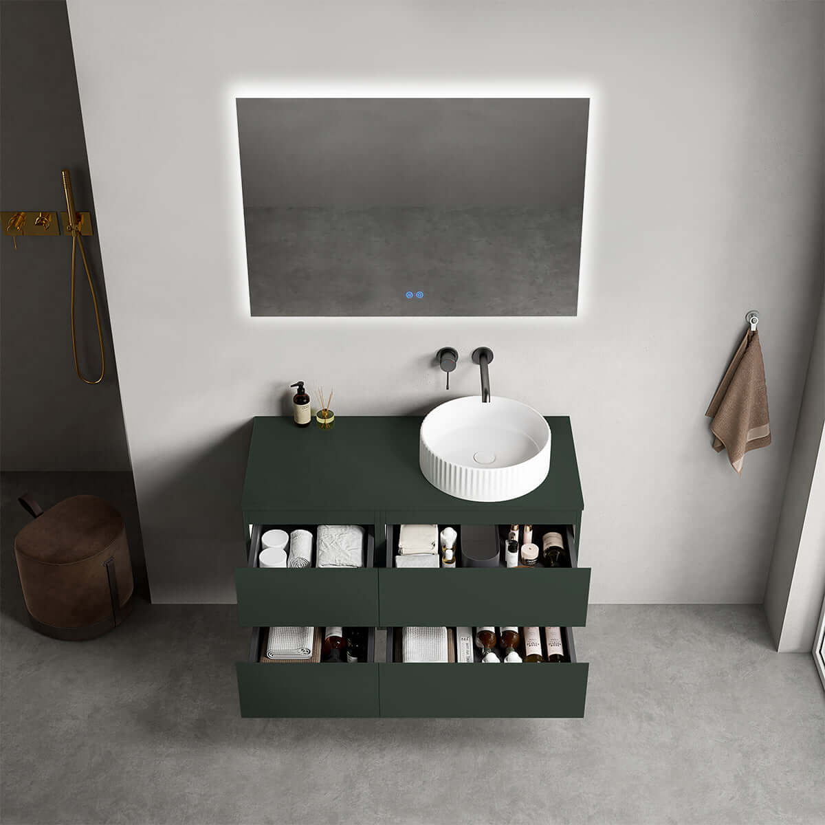 Mobile bagno sospeso reversibile 100 cm Verde Comodoro per Lavabo d'appoggio Specchio Quadro Retroilluminato - Fiji Paint