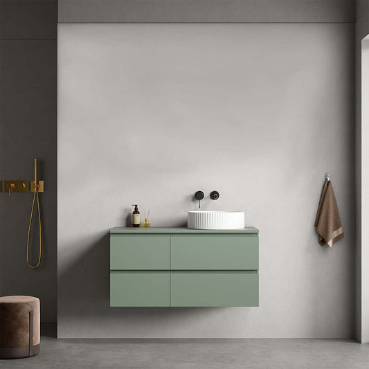 Mobile bagno sospeso verde salvia da 100 cm con lavabo d'appoggio, design contemporaneo senza specchio.