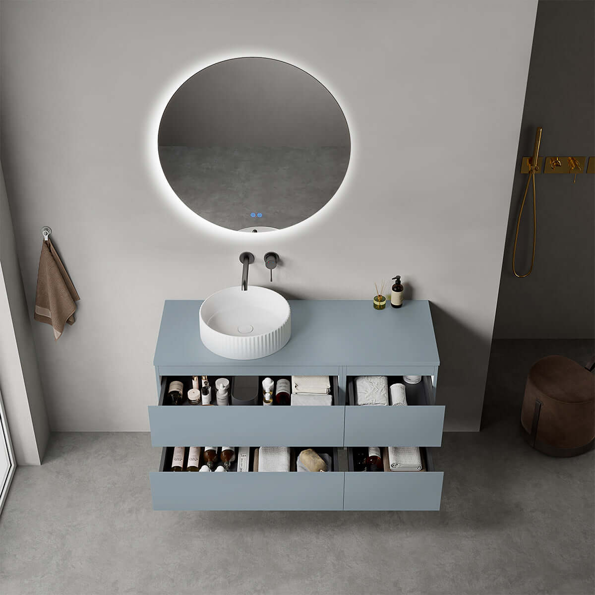 Mobile bagno sospeso reversibile 120 cm Blu Avio per Lavabo d'appoggio Specchio Tondo Retroilluminato - Fiji Paint