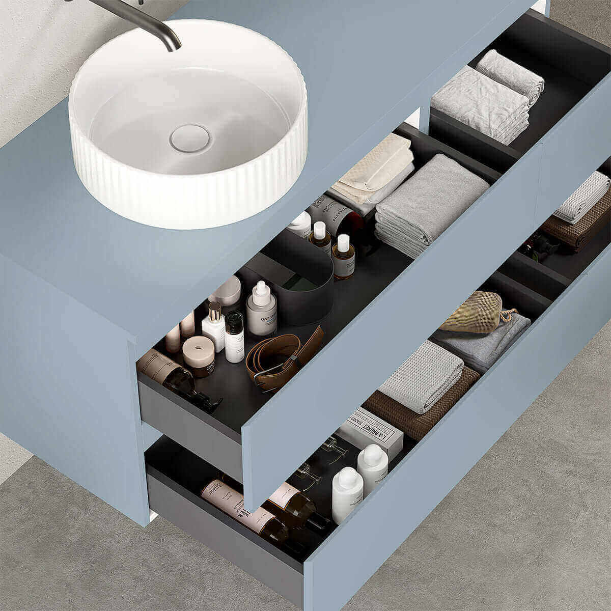 Mobile bagno sospeso reversibile 120 cm Blu Avio per Lavabo d'appoggio Specchio Tondo - Fiji Paint