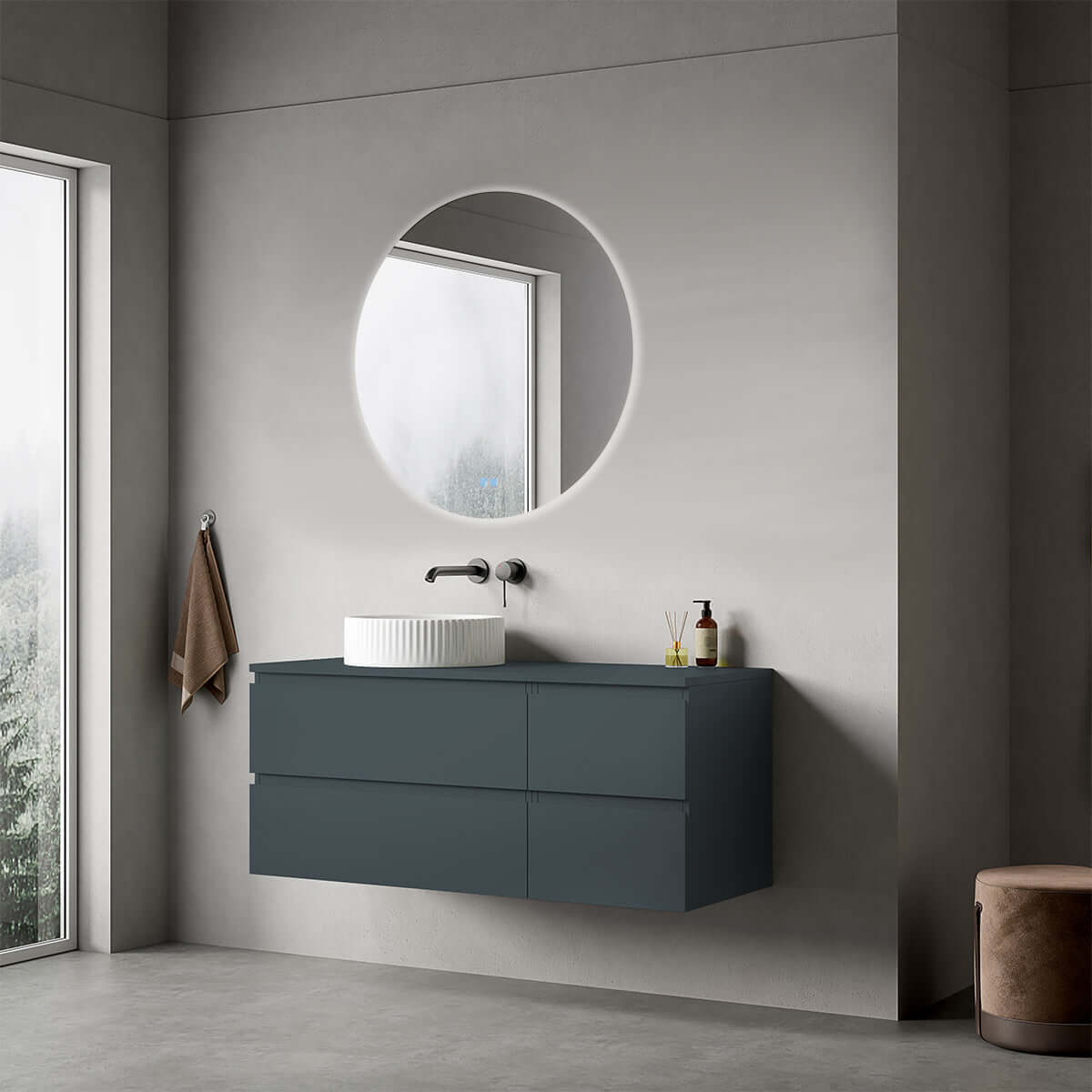 Mobile bagno sospeso reversibile 120 cm Blu Mare per Lavabo d'appoggio Specchio Tondo Retroilluminato - Fiji Paint