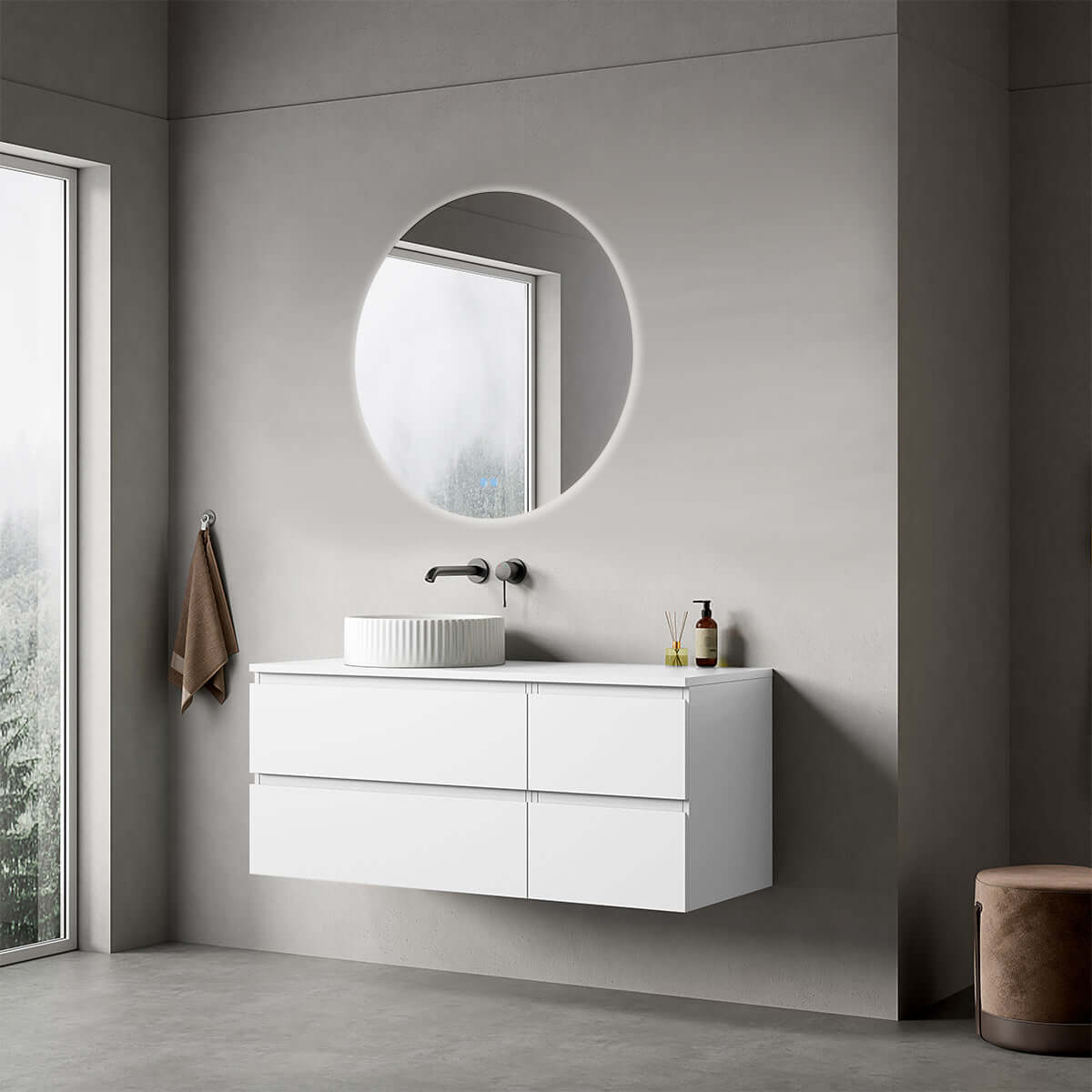 Mobile bagno sospeso reversibile 120 cm Bianco Opaco per Lavabo d'appoggio Specchio Tondo Retroilluminato - Fiji Paint
