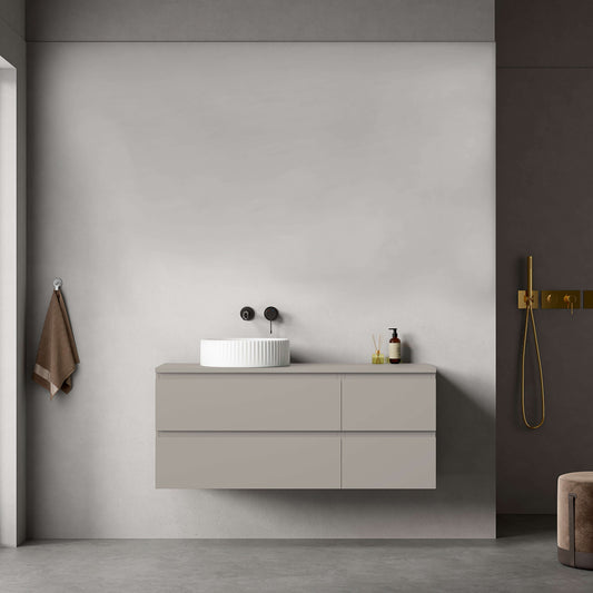 Mobile bagno sospeso grigio cenere con lavabo d'appoggio in design contemporaneo, collezione Fiji.