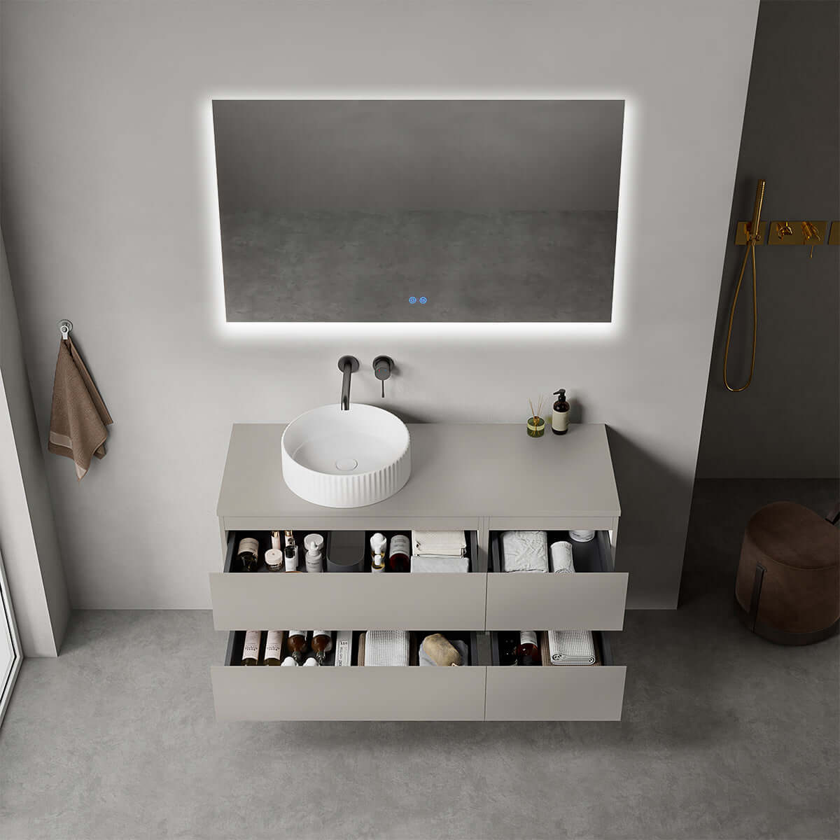 Mobile bagno sospeso reversibile 120 cm Grigio Cenere per Lavabo d'appoggio Specchio Quadro Retroilluminato - Fiji Paint