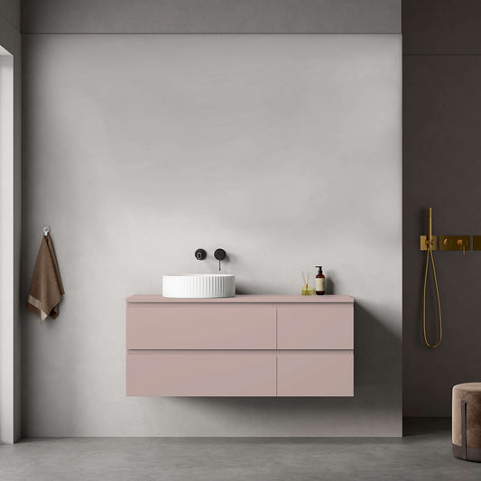 Mobile bagno sospeso rosa retrò da 120 cm con lavabo d'appoggio in design moderno per bagno contemporaneo.