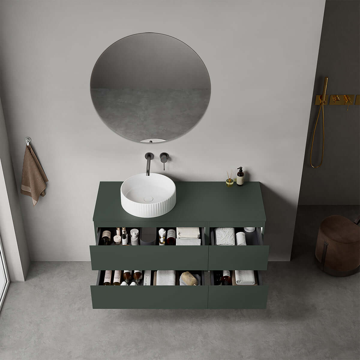 Mobile bagno sospeso reversibile 120 cm Verde Comodoro per Lavabo d'appoggio Specchio Tondo - Fiji Paint