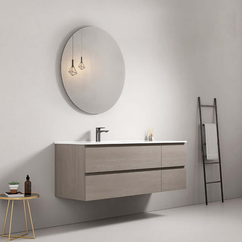 Mobile bagno sospeso 140 cm Beige Lavabo a Sinistra in Resina Specchio Tondo - Fiji Wood