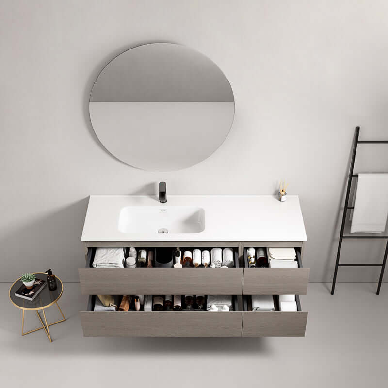 Mobile bagno sospeso 140 cm Beige Lavabo a Sinistra in Resina Specchio Tondo - Fiji Wood