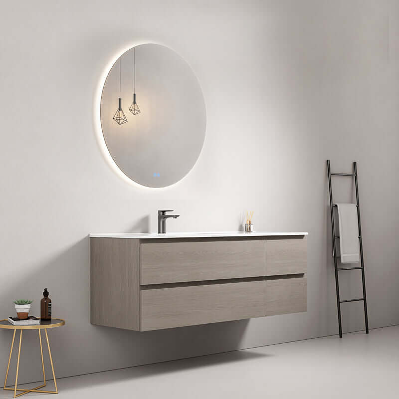 Mobile bagno sospeso 140 cm Beige Lavabo a Sinistra in Resina Specchio Tondo Retroilluminato - Fiji Wood
