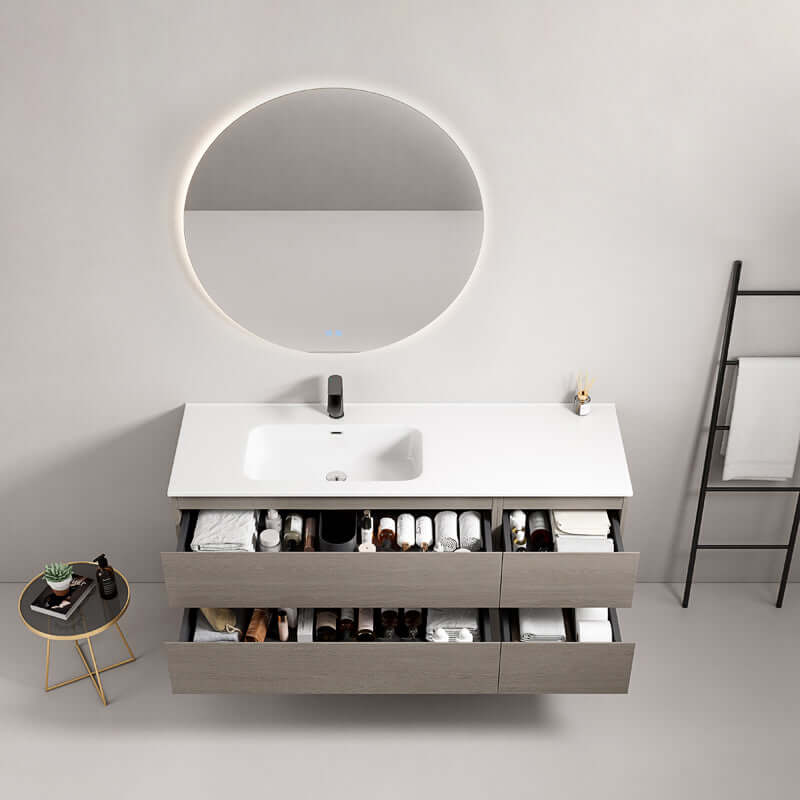 Mobile bagno sospeso 140 cm Beige Lavabo a Sinistra in Resina Specchio Tondo Retroilluminato - Fiji Wood