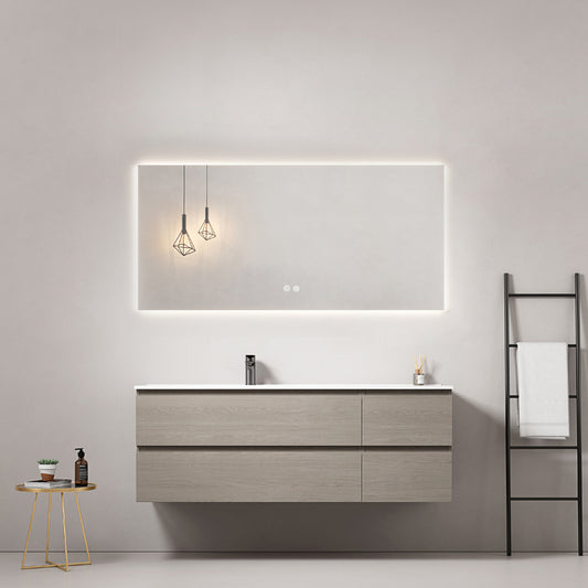 Mobile bagno sospeso 140 cm Beige Lavabo a Sinistra in Resina Specchio Quadro Retroilluminato - Fiji Wood
