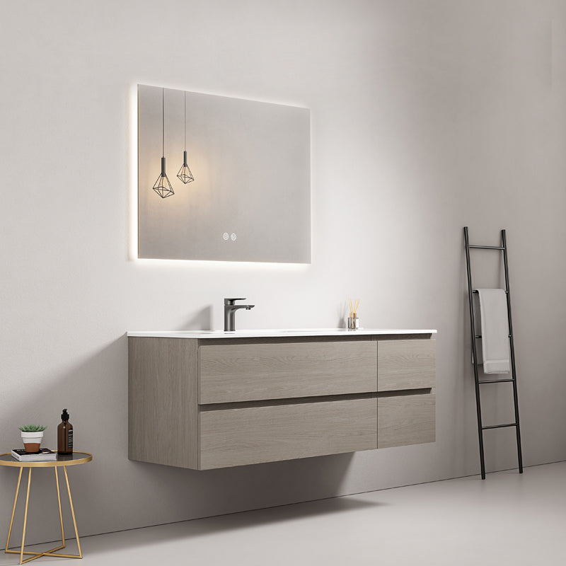 Mobile bagno sospeso 140 cm Beige Lavabo a Sinistra in Resina Specchio Quadro Retroilluminato - Fiji Wood