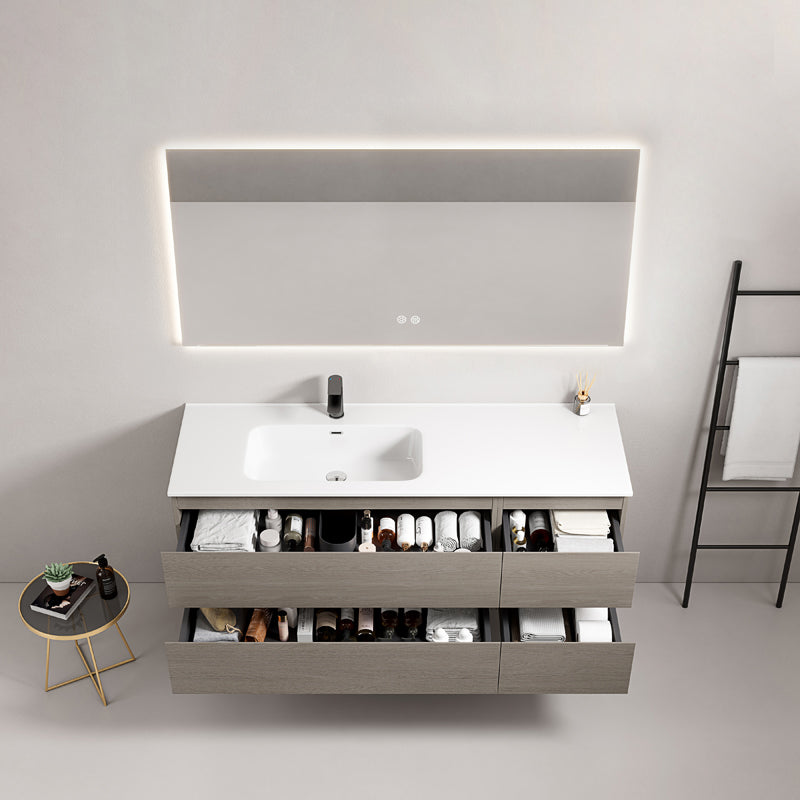 Mobile bagno sospeso 140 cm Beige Lavabo a Sinistra in Resina Specchio Quadro Retroilluminato - Fiji Wood